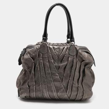 Pre Owned Valentino Metallic Grey Leather Maison Pintucked Shopper Tote