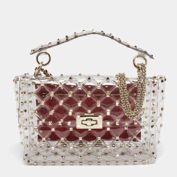 Pre Owned  Valentino Clear/Red PVC Medium Rockstud Spike Top Handle Bag