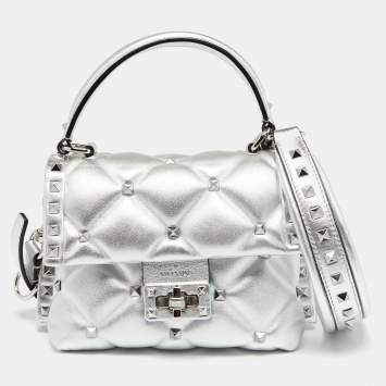Pre Owned Valentino Metallic Silver Quilted Leather Mini Candystud Top Handle Bag