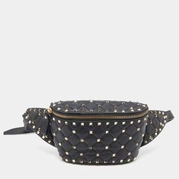 Pre Owned Valentino Black Quilted Leather Rockstud Spike Belt Bag