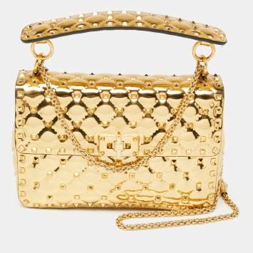 Pre Owned Valentino Metallic Gold Patent Leather Medium Rockstud Spike Top Handle Bag