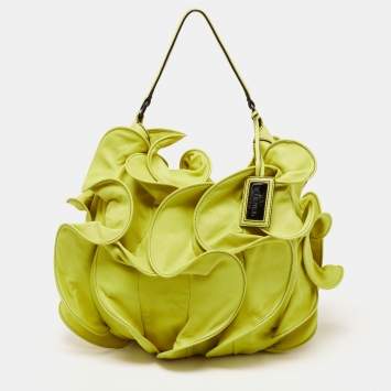 Pre Owned Valentino Lemon Yellow Leather Rouches Ruffle Hobo