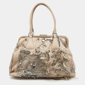 Pre Owned Valentino Beige Leather Crystal Embellished and Feather Alice Glam Frame Bag