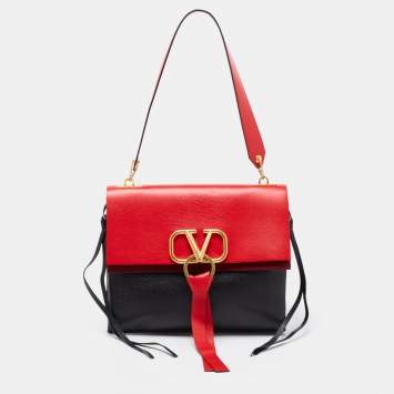 Pre Owned Valentino Black/Red Leather VRing Flap Shoulder Bag