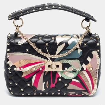Pre Owned Valentino Black Quilted Leather Medium Butterfly Rockstud Spike Top Handle Bag