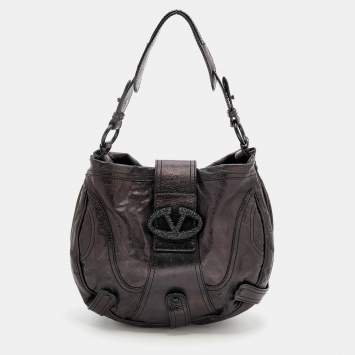 Pre Owned Valentino Dark Brown Leather Crystal Embellished Catch Hobo