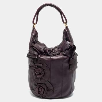 Pre Owned Valentino Plum Leather Floral Applique Hobo