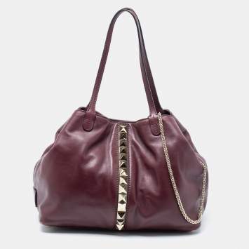 Pre Owned Valentino Burgundy Leather Rockstud Va Va Voom Tote 