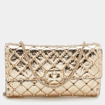 Pre Owned Valentino Metallic Gold Quilted Leather Rockstud Spike Wallet On Chain