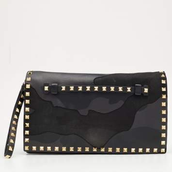 Pre Owned Valentino Black/Grey Camouflage Canvas And Leather Rockstud Wristlet Clutch