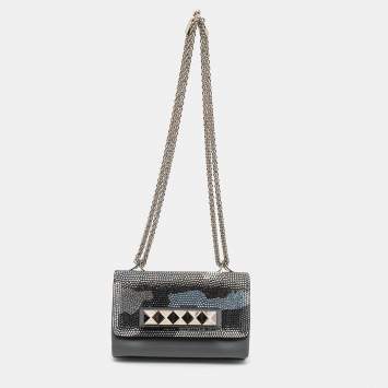 Pre Owned Valentino Grey Leather Camo Crystal Embellished Flap Bag