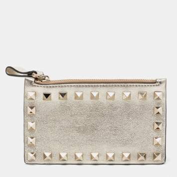 Pre Owned Valentino Light Gold Leather Rockstud Zip Card Holder 