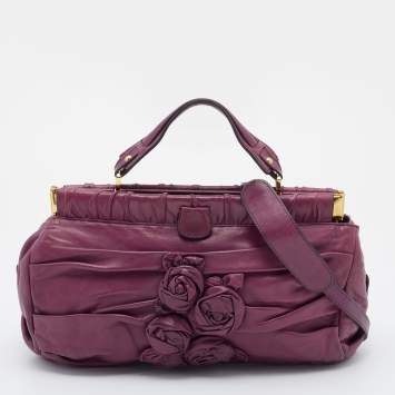 Pre Owned Valentino Purple Leather Rose Frame Top Handle Bag
