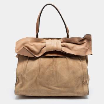 Pre Owned Valentino Beige/Brown Suede and Leather Aphrodite Bow Top Handle Bag