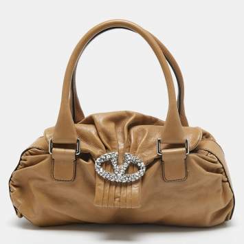 Pre Owned Valentino Brown Leather Studded V Ring Shoulder Bag