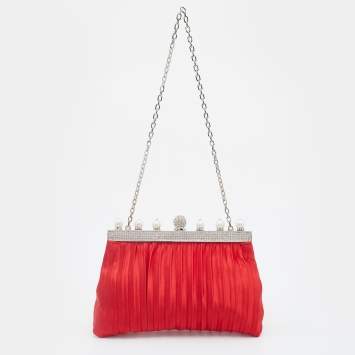 Pre Owned Valentino Red Satin Crystal and Pearl Embellished Frame Chain Clutch