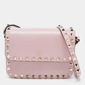 Pre Owned Valentino Pink Leather Small Rockstud Flap Crossbody Bag