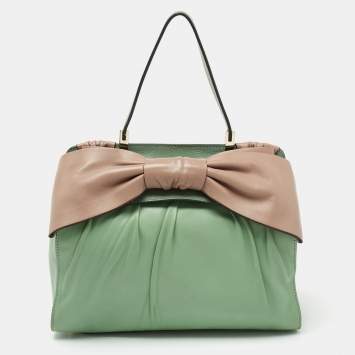Pre Owned Valentino Green/Dusty Pink Leather Aphrodite Bow Top Handle Bag