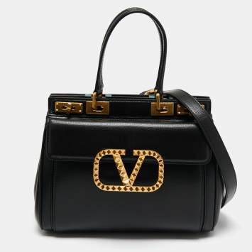 Pre Owned Valentino Black Leather Medium Rockstud Alcove Tote