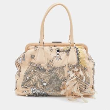 Pre Owned Valentino Beige Leather Embellished Alice Glam Frame Satchel