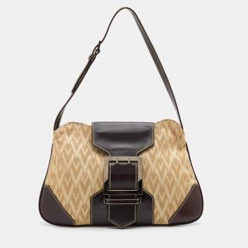 Pre Owned Valentino Beige/Dark Brown V Fabric and Leather Flap Baguette