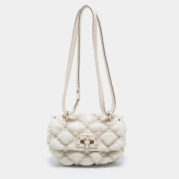 Pre Owned Valentino Off White Diamond Quilt Padded Leather Rockstud Shoulder Bag