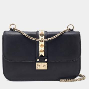 Pre Owned Valentino Black Leather Medium Rockstud Glam Lock Shoulder Bag