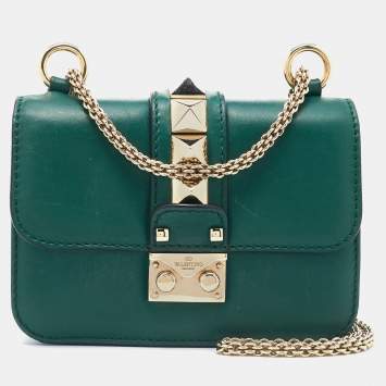 Pre Owned Valentino Green Leather Rockstud Glam Lock Flap Bag