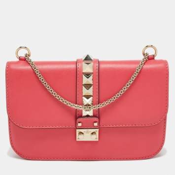 Pre Owned Valentino Pink Leather Medium Rockstud Glam Lock Flap Bag