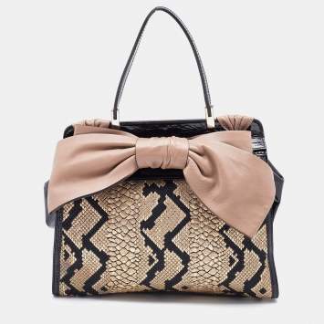 Pre Owned Valentino Multicolor Python Print Raffia and Patent Leather Aphrodite Bow Top Handle Bag