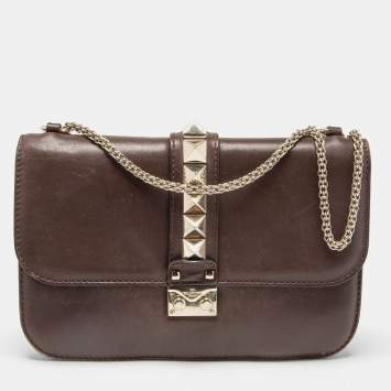 Pre Owned Valentino Brown Leather Medium Rockstud Glam Lock Flap Bag