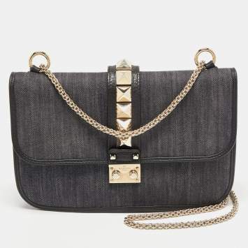 Pre Owned Valentino Black/Navy Blue Denim and Leather Medium Rockstud Glam Lock Flap Bag