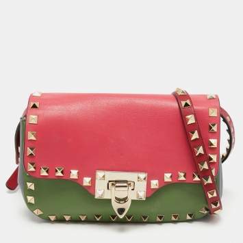 Pre Owned Valentino Tri Color Leather Rockstud Flip Lock Flap Shoulder Bag