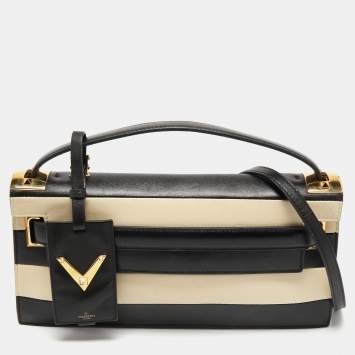 Pre Owned Valentino Black/White Striped Leather My Rockstud Top Handle Bag