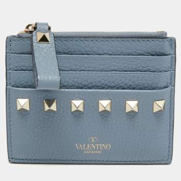Pre Owned Valentino Blue Leather Rockstud Zip Card Holder
