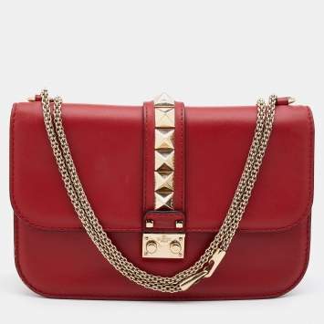 Pre Owned Valentino Red Leather Medium Glam Lock Chain Shoulder Bag