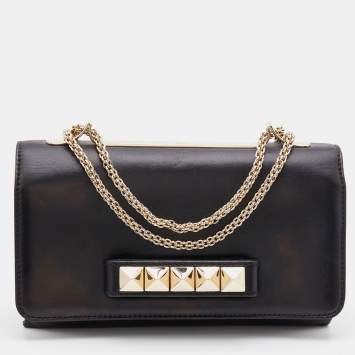 Pre Owned Valentino Black Leather Rockstud Va Va Voom Chain Shoulder Bag