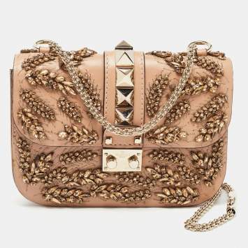 Pre Owned Valentino Beige Leather Small Crystal Embellished Rockstud Glam Lock Flap Bag
