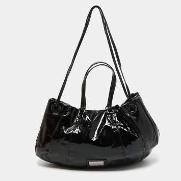 Pre Owned Valentino Black Patent Leather Logo Plague Hobo