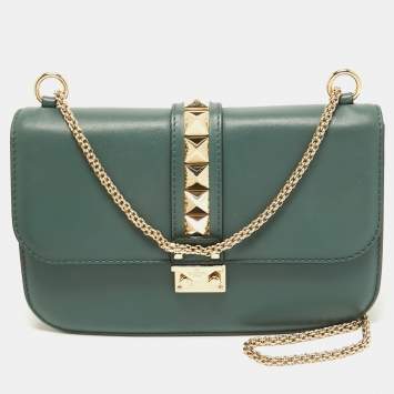 Pre Owned Valentino Green Leather Medium Rockstud Glam Lock Flap Bag