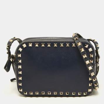 Pre Owned Valentino Navy Blue Leather Rockstud Camera Crossbody Bag