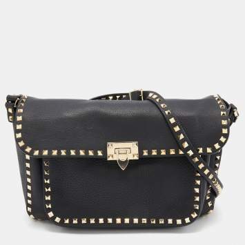 Pre Owned Valentino Black Leather Rockstud Flip Lock Front Pocket Flap Messenger Bag 