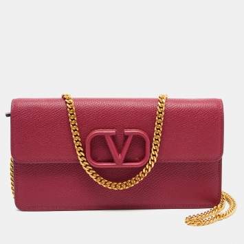 Pre Owned Valentino Red Leather VLogo Chain Wallet
