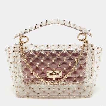 Pre Owned Valentino Clear/Red PVC Rockstud Spike Top Handle Bag
