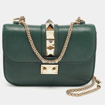 Pre Owned Valentino Green Leather Small Rockstud Glam Lock Flap Bag