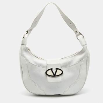 Pre Owned Valentino White Leather VLogo Flap Hobo