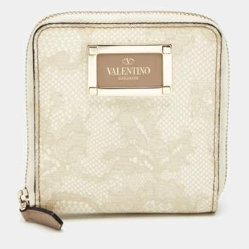 Pre Owned Valentino Cream Lace Print Leather Logo Compact Wallet