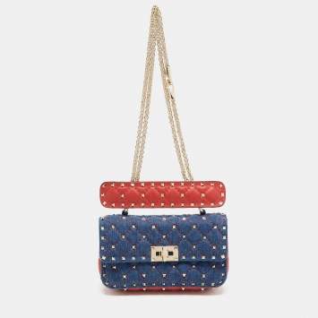 Pre Owned Valentino Blue/Red Quilted Denim and Leather Small Rockstud Spike Chain Shoulder Bag