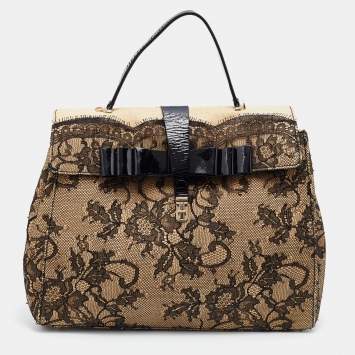 Pre Owned Valentino Beige/Black Raffia, Lace and Patent Leather Top Handle Bag