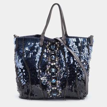 Pre Owned Valentino Blue/Silver Crystal Embellished Satin, Sequins and Leather Shopper Tote